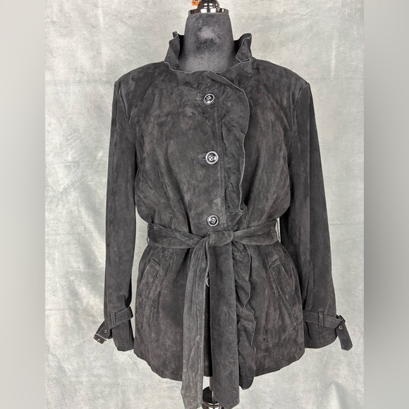 Pamela McCoy Couture Suede Leather Jacket Coat Size L Ruffle Belted Boho Witchy - Picture 2 of 16